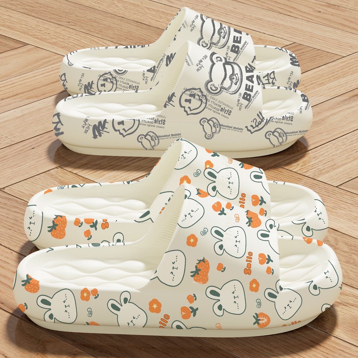 Happy Bear Slippers Women's 2025 New Home Use Indoor Anti-Slip Anti-Odor Beach Wear Thick Sole Couple Bathroom