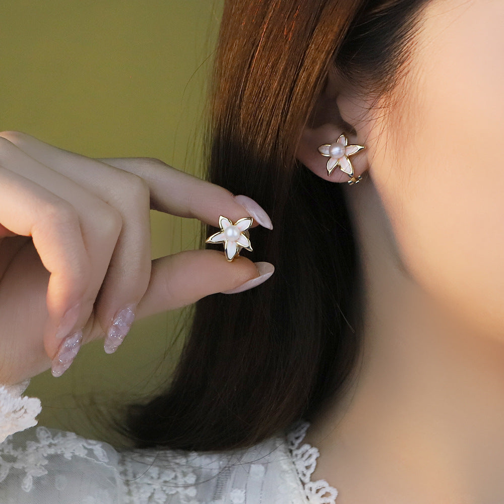 Original Handmade Natural Pearl Five-Petal Cherry Blossom Ear Clip Simple Niche High-End S925 Sterling Silver Earrings Ear Jewelry