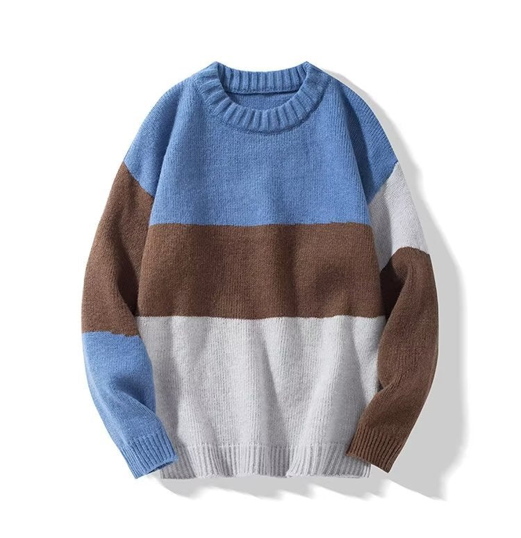 2023 autumn and winter new men's striped sweater men's casual trendy bottoming shirt color matching pullover trendy brand sweater men