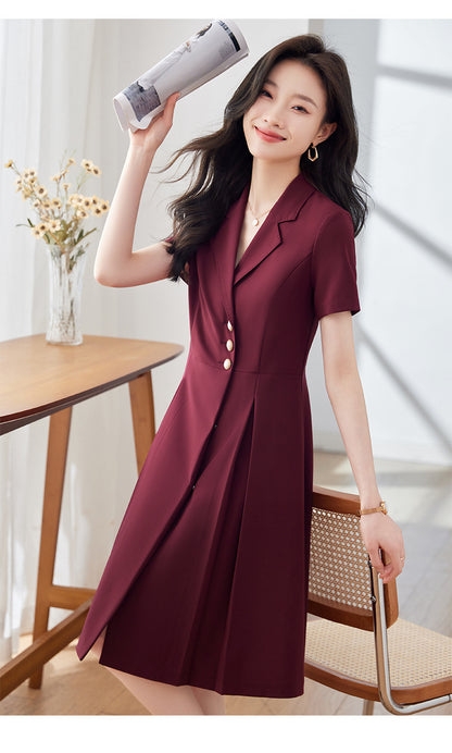[Elegant Long Skirt] V-neck Short-sleeved dress High-end Work Clothes Mid-length Skirt Spring and Summer Business Wear Uniform