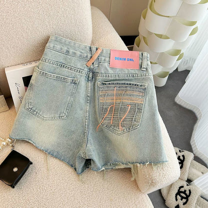 Summer 2023 New High Waist Slimming Design Sense Ripped Wide Leg Denim Shorts Women's Pants All-match Hot Pants