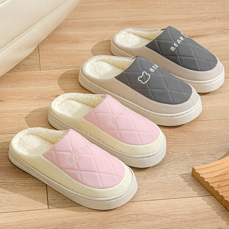 Winter Cotton Slippers for Women, Non-Slip, Warm and Velvet, Couple Style Indoor Cartoon Furry Shoes, Half-Pack Heel Home Shoes for Men