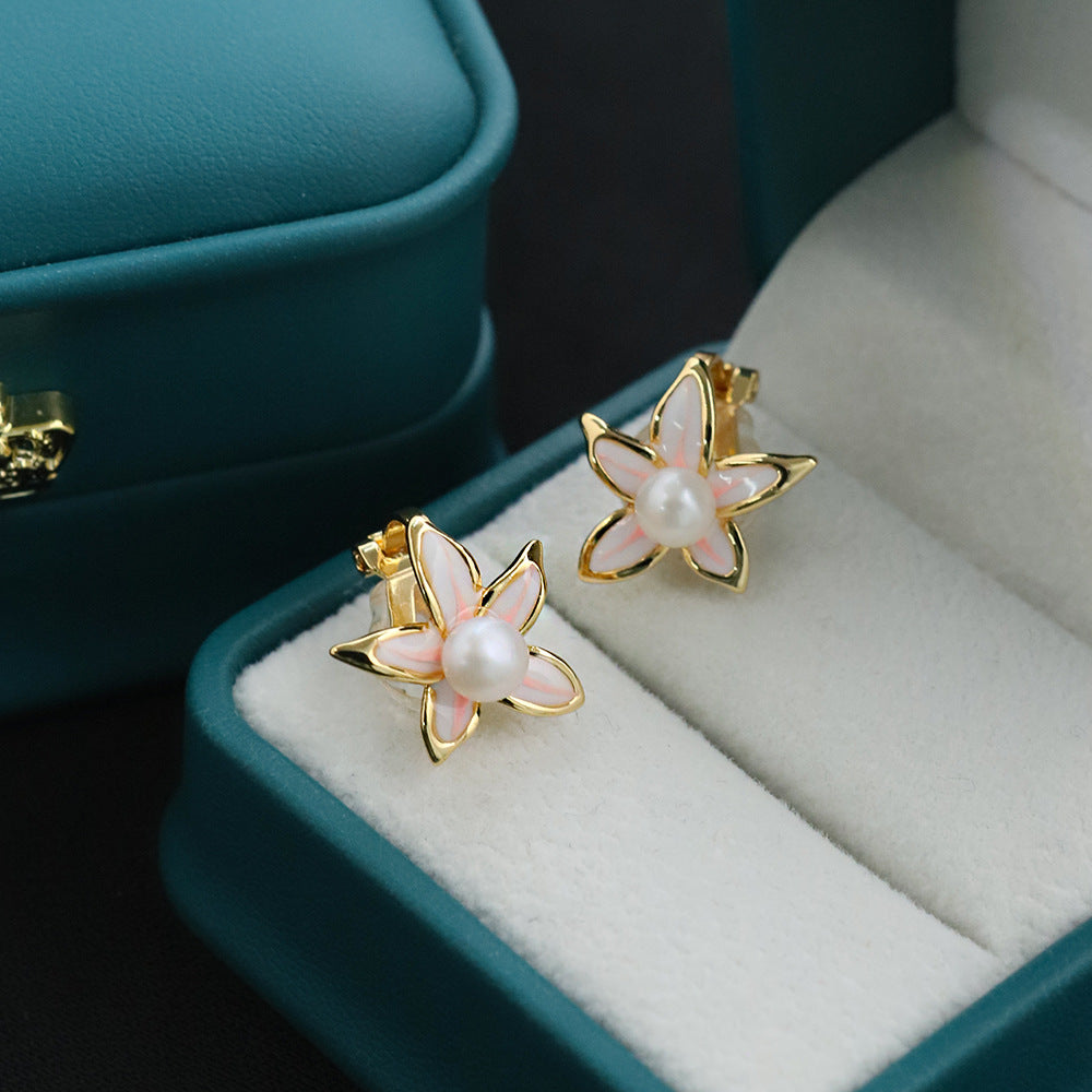 Original Handmade Natural Pearl Five-Petal Cherry Blossom Ear Clip Simple Niche High-End S925 Sterling Silver Earrings Ear Jewelry