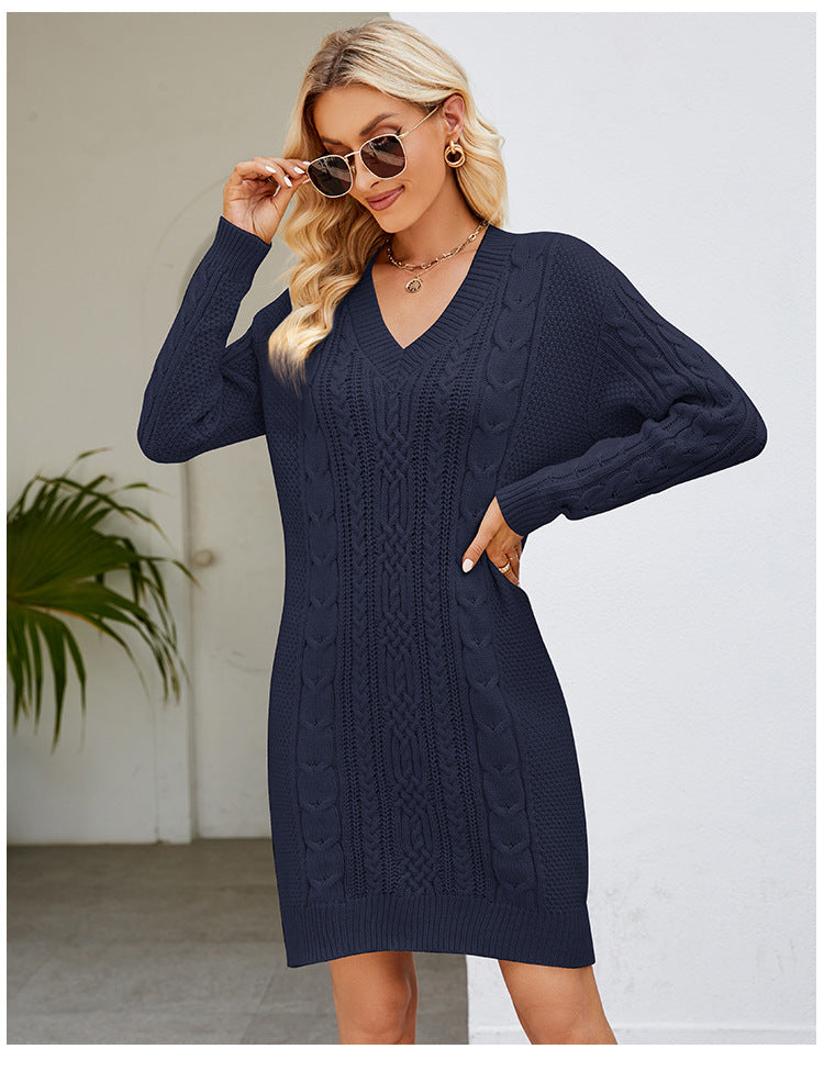 Cross-Border European and American Clothing Pure Color V Neck Long Sweater Dress Autumn and Winter Fashion Elegant Cable Bottoming Knitted Dress