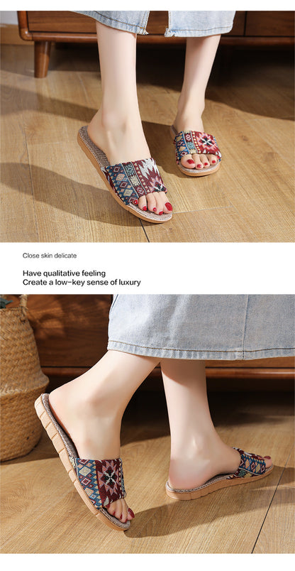 Four Seasons Home Linen Slippers Fashion Printed Thick Sole Non-Slip Sweat-Absorbent Wear-Resistant Large Sole Couple Linen Slippers Ethnic Style
