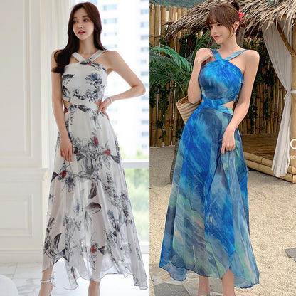 Foreign Trade Women's 2025 Summer New Temperament Sling Long Dress Fashion Waist Chiffon Printed Large Swing Dress dress