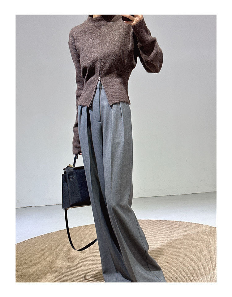 Spring and Autumn New Style Old Money Style Brown Coffee Color Suit Pants for Women, Wide-Leg Pants with Drape Effect, Slimming, Extended Length for Tall Individuals, Straight-Leg Pants