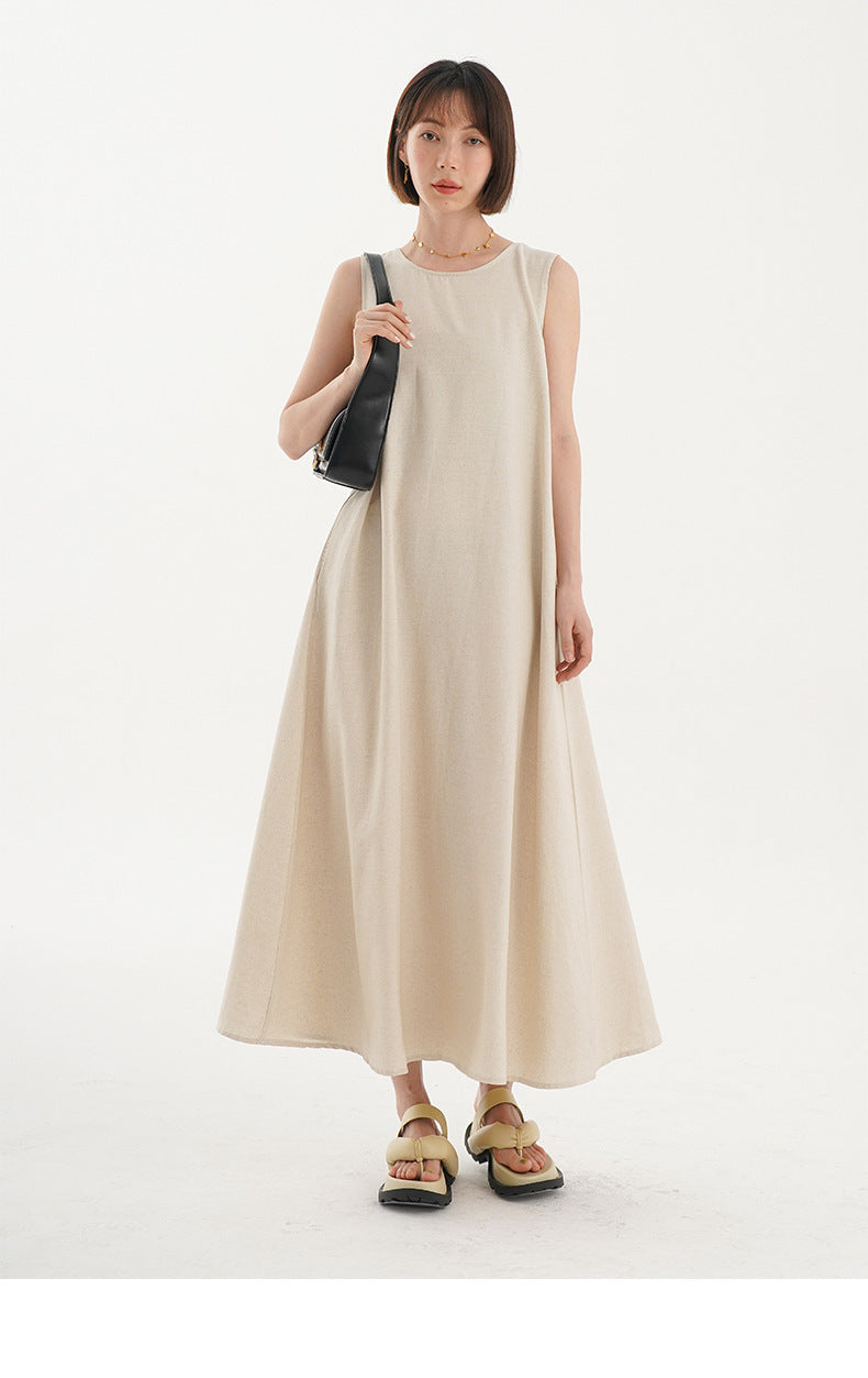 Korean Chic2026 Summer French Design Loose Backless Sleeveless Vest Dress Casual Age-Reducing Long Dress