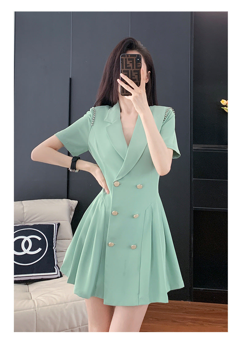 French Hepburn Style Small Black Dress High Sense High Cold Royal Sister Fried Street Small Fragrance Style Pleated Professional Suit dress Summer
