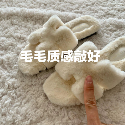 Exquisite! Gentle Old Money Style Furry Shoes, Lightweight Furry Slippers for Outdoor Wear, Autumn and Winter French-Style Non-Slip Plush Cotton Slippers
