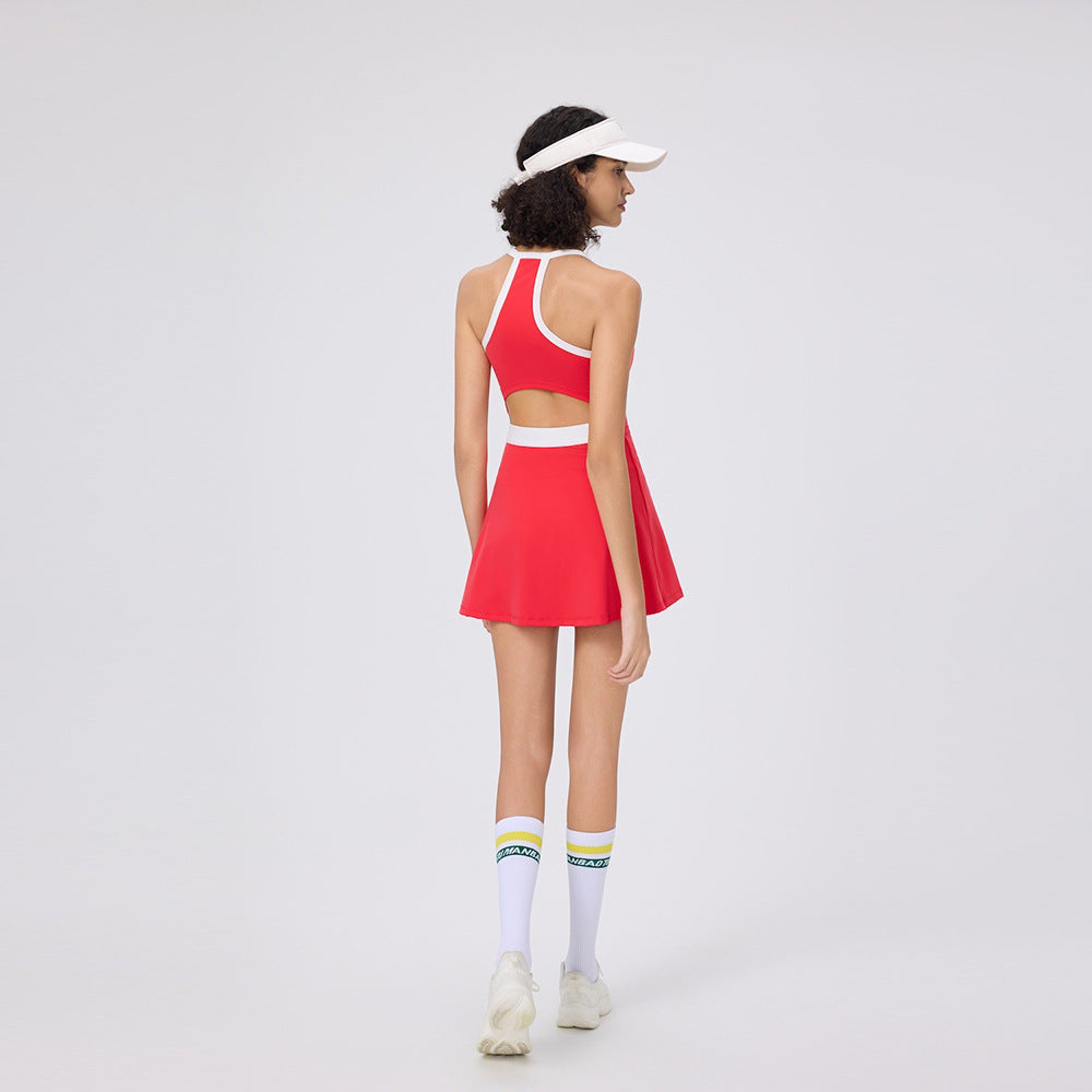 Summer Halter Neck Casual Skin-Friendly Golf Tennis Dress for Women with Built-In Leggings and Tight Fit Pickleball Skirt