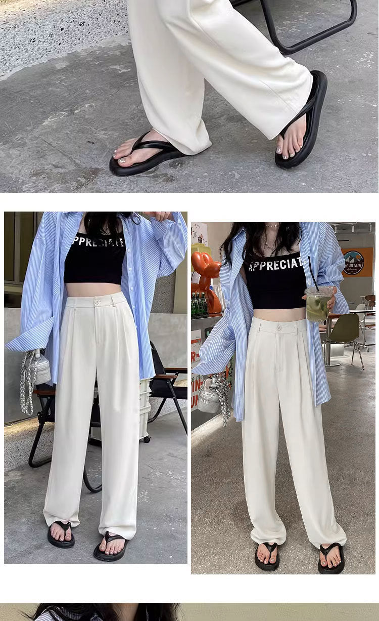 Gray Suit Pants for Women Spring and Summer New High-Waisted Double Pleated Slim Floor-Length Trousers Casual Straight Wide-Leg Pants