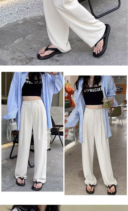 Gray Suit Pants for Women Spring and Summer New High-Waisted Double Pleated Slim Floor-Length Trousers Casual Straight Wide-Leg Pants
