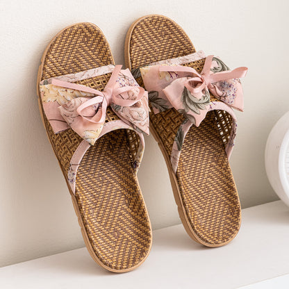 New Summer Rattan Mat Home Mat Slippers Bow Home Indoor Cool Bamboo Fish Mouth Toe Shoes Non-Slip