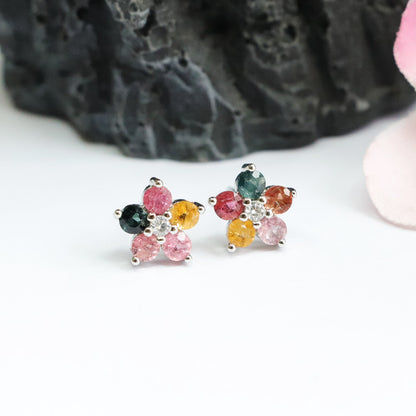 Guan Yu S925 Silver Needle Natural Tourmaline Earrings Flower Ear Hooks Gemstone Factory Wholesale Dropshipping S2053101