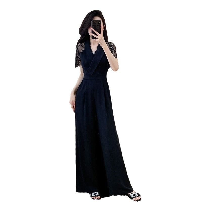 Cross-border High Leng Yujie Style Pants Women's Summer Short-sleeved High Waist Lace Stitching Hollow-out Pants Straight Pants