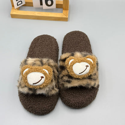 2025 Autumn and Winter New Leopard Print Warm Fur Slippers, One-Line Outer Wear Cotton Slippers, Home Slippers, Fashionable Outer Wear Slippers for Women