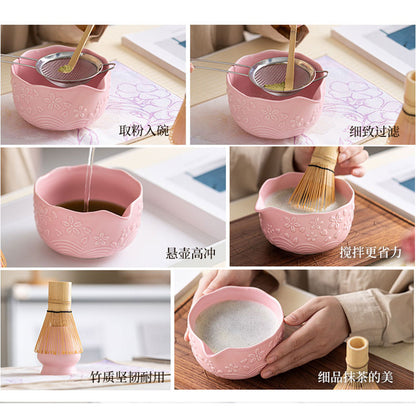 Directly Supplied from the Manufacturer, Exclusively for Cross-Border Trade, Ceramic Matcha Bowl Set with Embossed Cherry Blossom Design, 7-Piece Set with Spout, High Aesthetic Value, Color Box Packaging