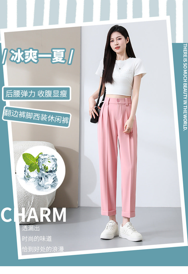 New Style Ice Silk Suit Pants for Petite Women, Cropped Straight-Leg Pants, Summer Thin Cigarette Pants, Free Shipping