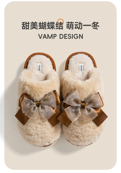 Bow Plush Cotton Slippers for Women Autumn and Winter 2025 New Warm Indoor Home Soft Sole Anti-Slip Confinement Slippers