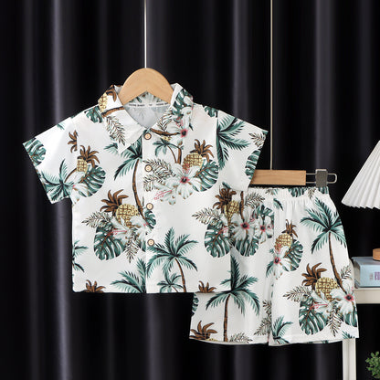 2026 New Children's Short-Sleeved Suit, Men's Short-Sleeved Shirt Suit, Short-Sleeved Shorts Beach Two-Piece Set