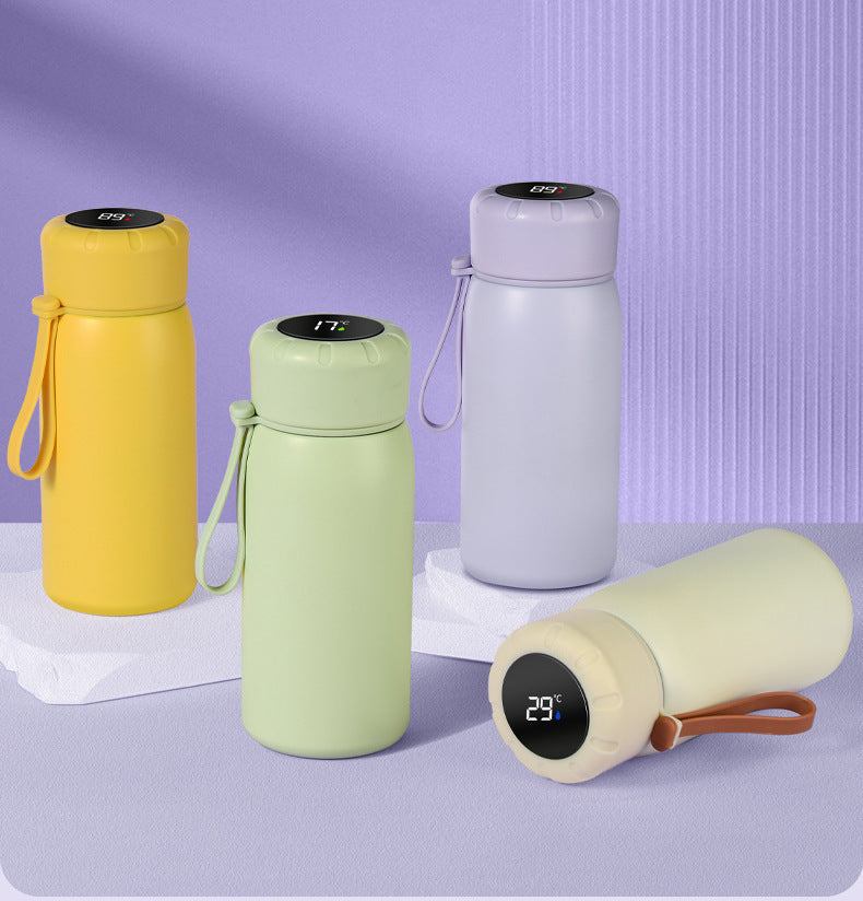 Intelligent temperature display thermos cup 316 stainless steel thermos cup solid color simple flower tea cup women's portable carrying rope accompanying cup