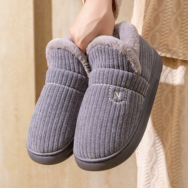 Letuo's New Winter Bag-Heeled Cotton Shoes for Women, Home Indoor and Outdoor Thick-Soled Non-Slip Soft-Soled Couple's Furry Shoes for Men