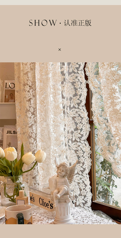 French-Style Retro Palace Lace Embroidery Cream Sheer Curtain for Bay Window, Light-Transmitting, No-Drill Partition Half Curtain Door Curtain