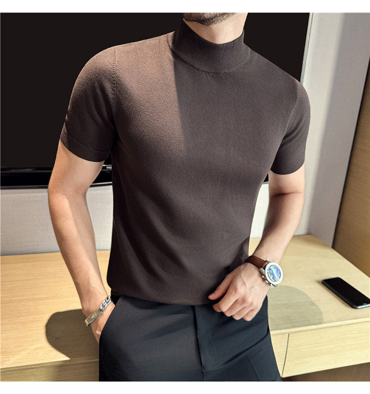 Tiktok Taobao Dropshipping Men's Short-Sleeve Knitwear, Fashionable Versatile Half-Turtleneck Slim-Fit Half-Sleeve Sweater Base Shirt