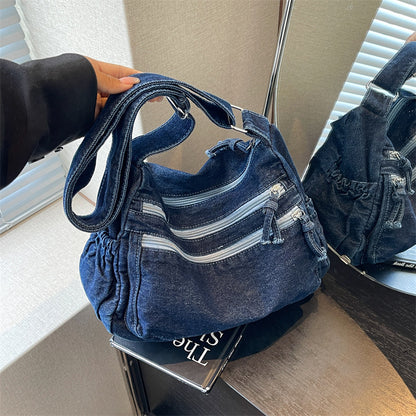 Casual Denim Shoulder Bag Japanese Harajuku Style Canvas Bag for Women 2026 New Large Capacity Simple Crossbody Bag