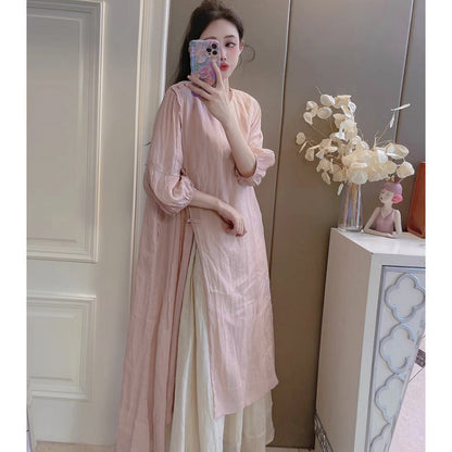 Summer New Style Quality Ramie Handmade Buckle Lace Lace Guofeng dress Double-Layer Skirt suit