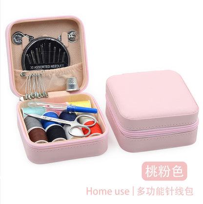 Retro Style Imitation Pu Leather Square Sewing Box Household Sewing and Mending Needle and Thread Set Portable Daily Essential Sewing Kit