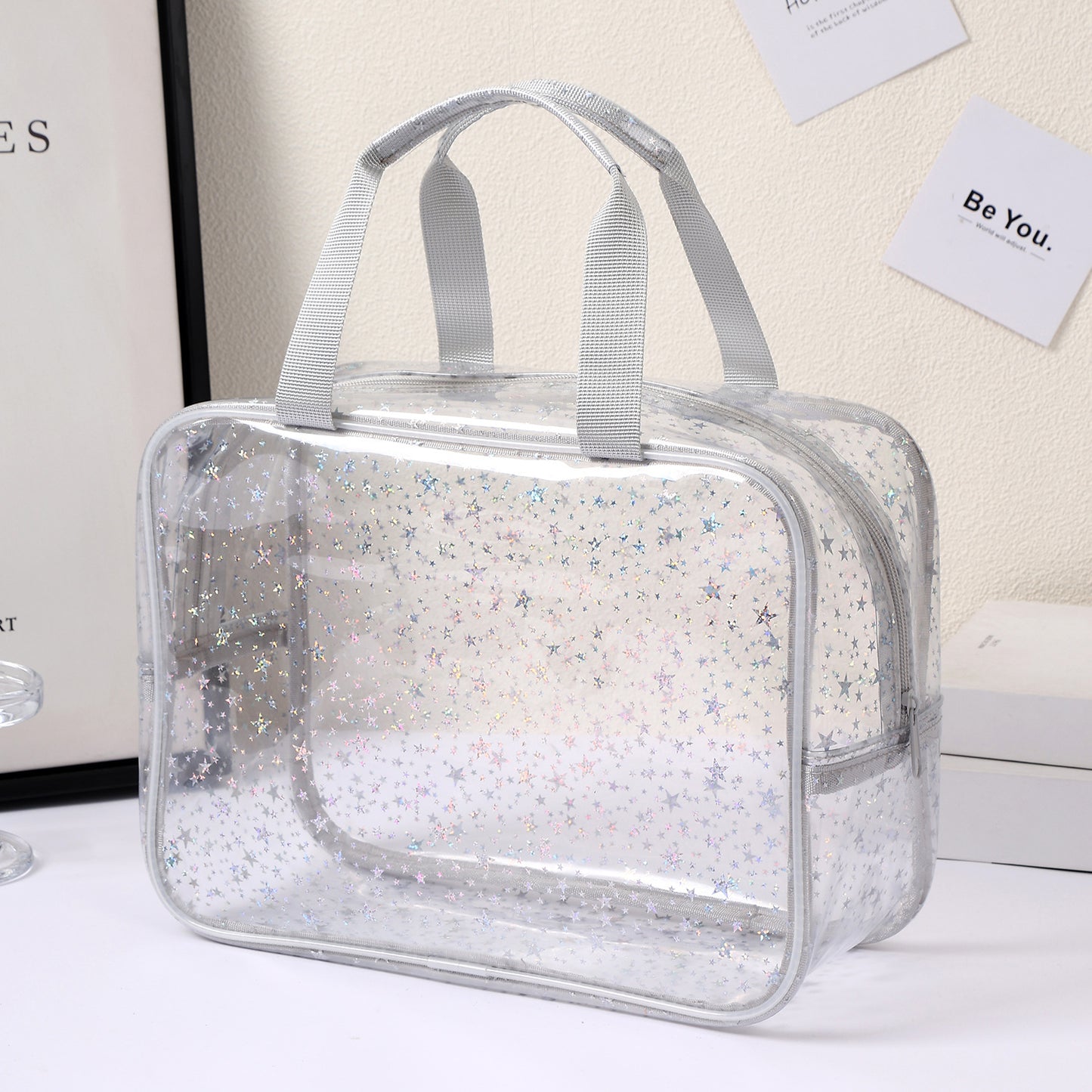 New Pvc Toiletry Makeup Brush Travel Zipper Tote Bag Cosmetic Small Star Makeup Bag Convenient and Large Capacity