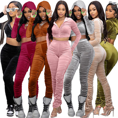 F185 European and American Women's Clothing Amazon Spring Two-piece Korean Velvet Solid Color Long Sleeve Navel Pleated Sports Suit