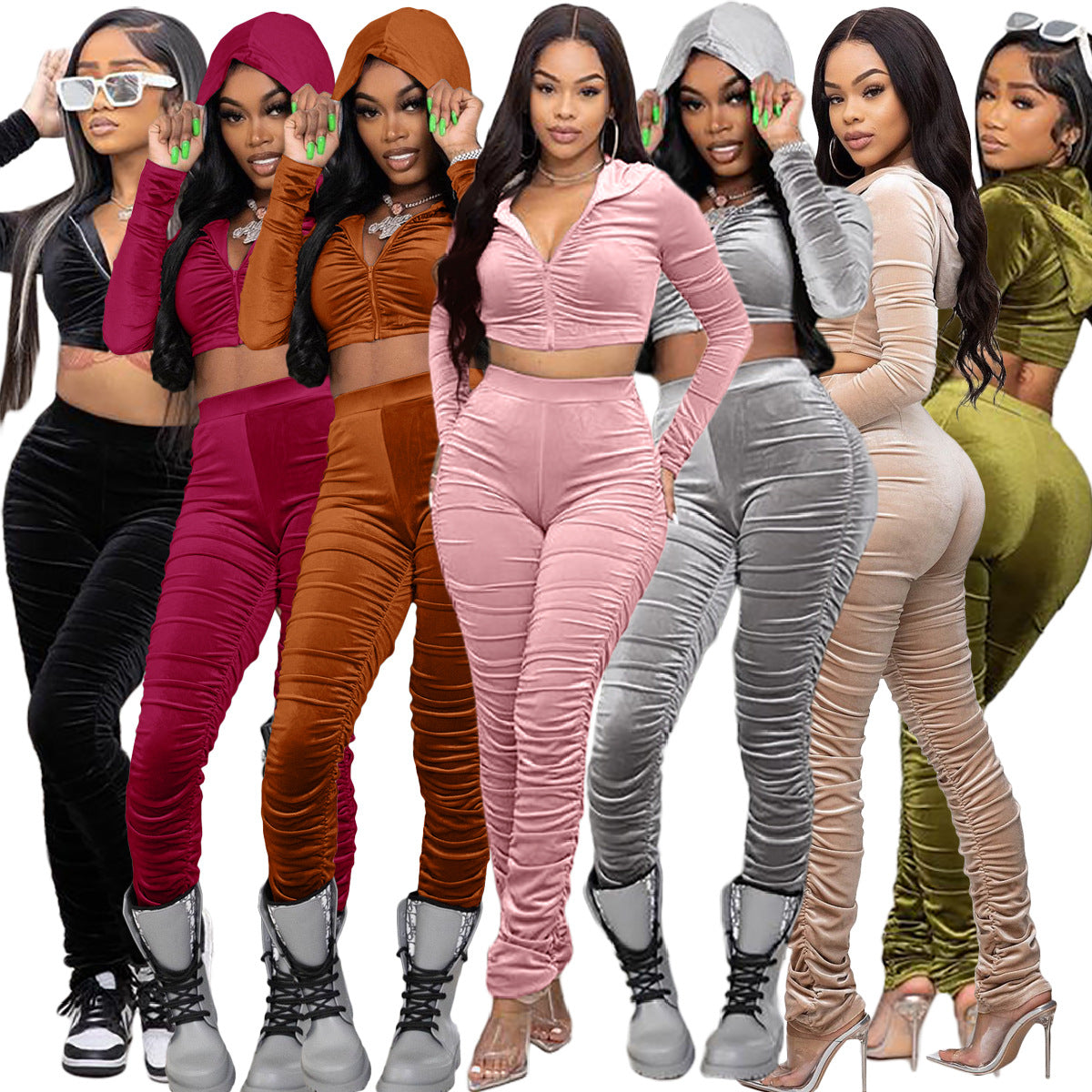 F185 European and American Women's Clothing Amazon Spring Two-piece Korean Velvet Solid Color Long Sleeve Navel Pleated Sports Suit