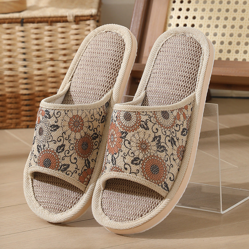 New Summer Open-Toe Home Slippers, Non-Slip, for Men and Women, Couples, Indoor, Blue and White Porcelain, Wooden Floor, Light Foam Sole, Cotton and Linen