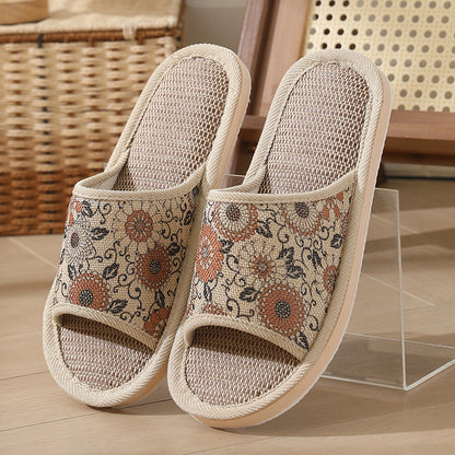 New Summer Open-Toe Home Slippers, Non-Slip, for Men and Women, Couples, Indoor, Blue and White Porcelain, Wooden Floor, Light Foam Sole, Cotton and Linen