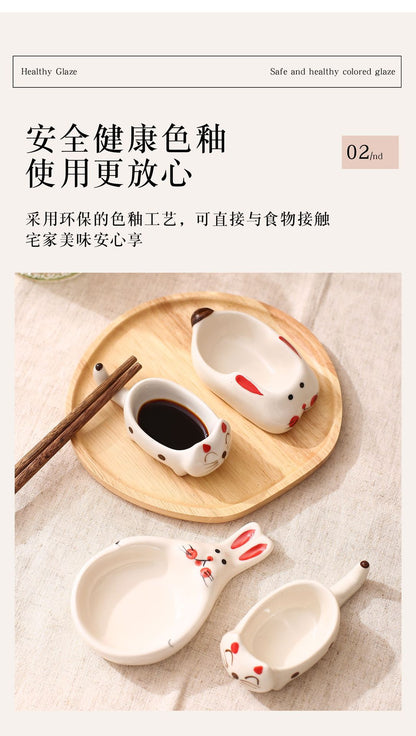 Creative Cartoon-Style Ceramic Dish with Chopstick Holder, Small Household Dish, Seasoning Dish, Hot Pot Dipping Dish, Condiment Dish