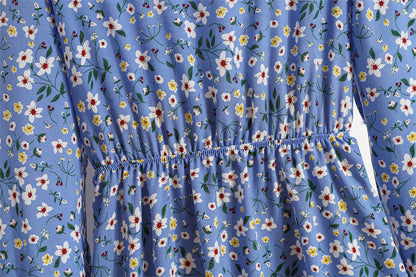 Cross-border Foreign Trade Floral Chiffon Long Dress Women's Spring Dress Long Sleeve Crewneck Base Skirt Waist Slim Long Dress