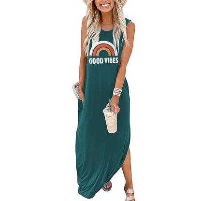 Spot Amazon Independent Station Ebay Women's Dress Good Vibes Rainbow Flap Pocket Pants Casual Sleeveless Long Skirt