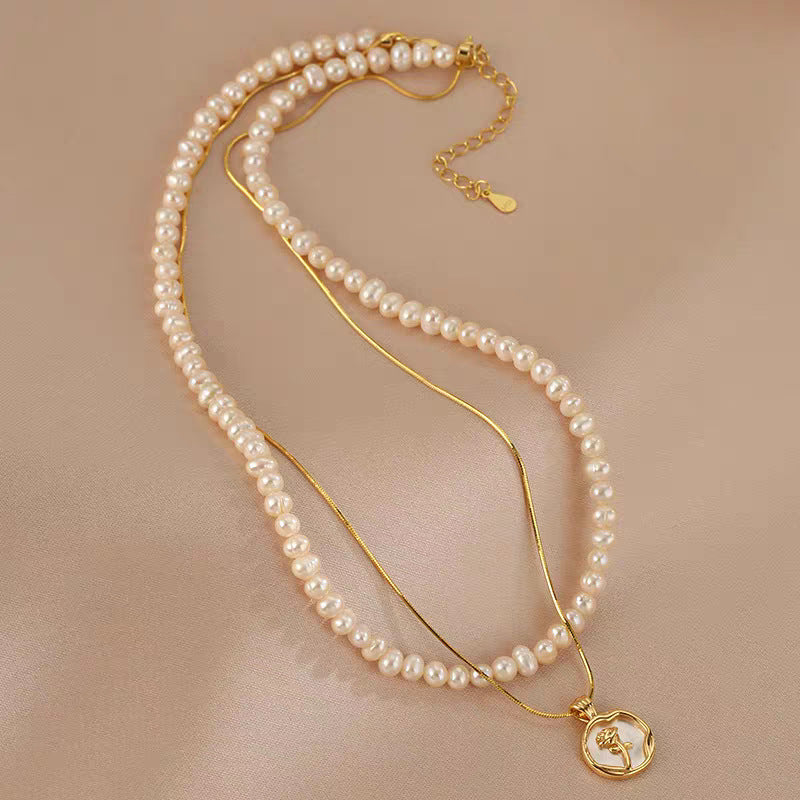 Natural Freshwater Non-nuclear Pearl Double Layer Overlapping Necklace Women's Mother-of-Fritillary Rose Pendant Gold Plated Sweet Light Luxury Set