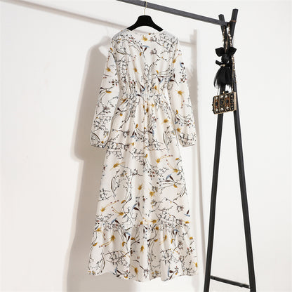 Cross-border Foreign Trade Floral Chiffon Long Dress Women's Spring Dress Long Sleeve Crewneck Base Skirt Waist Slim Long Dress