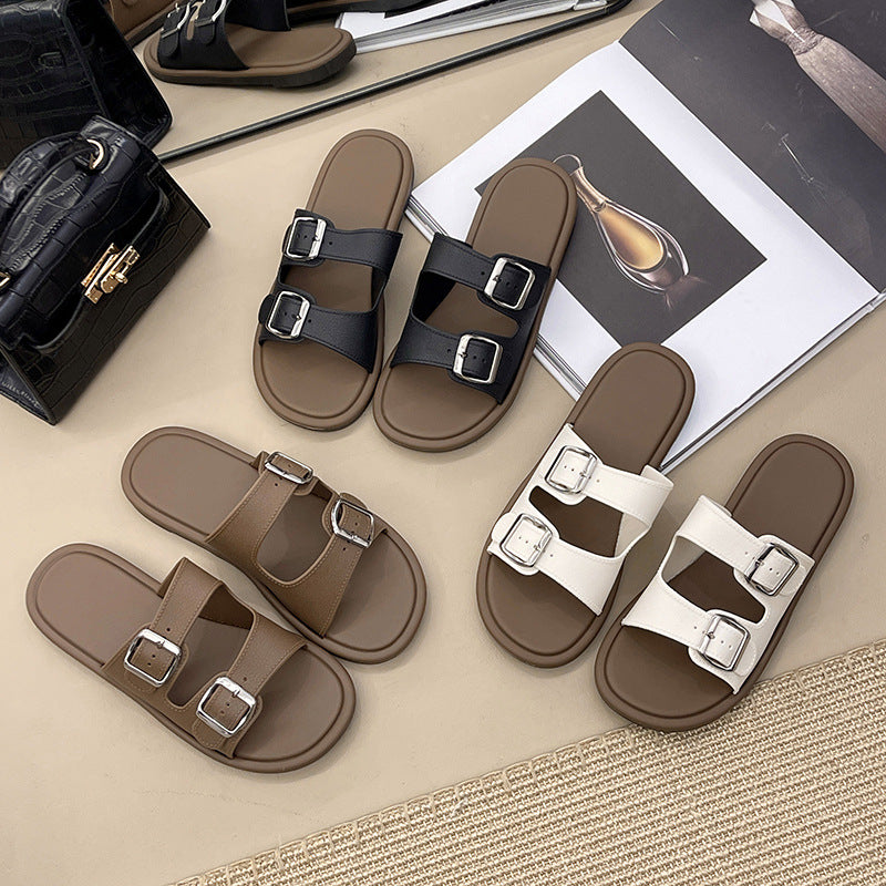 Cross-Border Slippers for Women Summer Flat-Soled Double-Strap Double-Buckle Slippers Southeast Asia New Foreign Trade Fashion Outer Wear Beach Sandals
