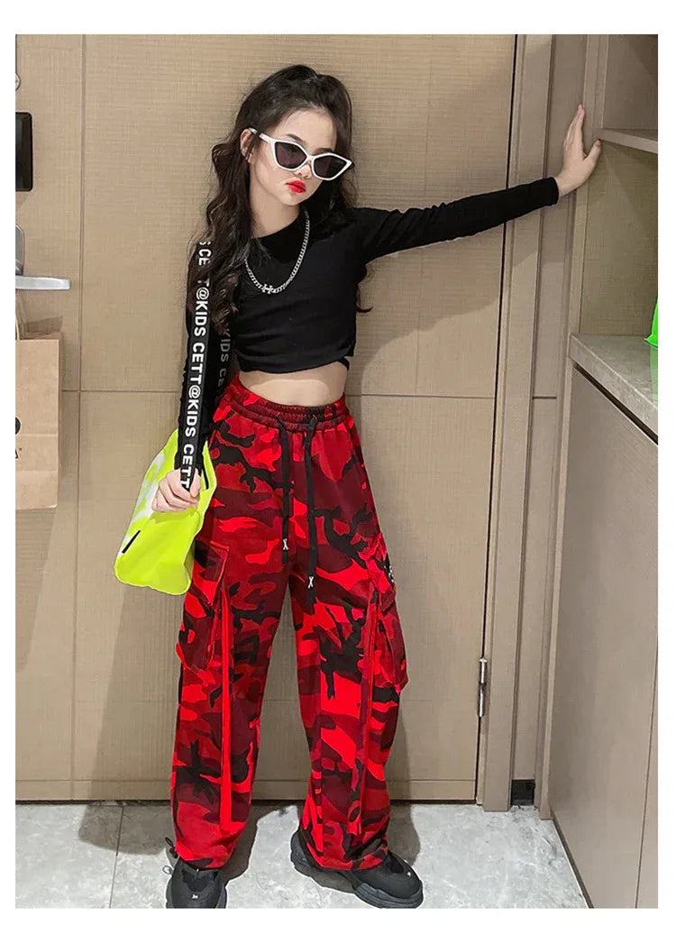 Girls Camouflage Pants Kids Fashion Casual High waisted wide leg pants 2025 Spring Fall ClothesTeen Girl Trousers 8 10 12 14Y