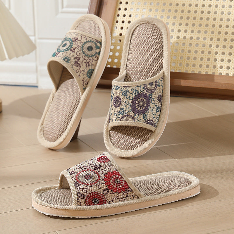 New Summer Open-Toe Home Slippers, Non-Slip, for Men and Women, Couples, Indoor, Blue and White Porcelain, Wooden Floor, Light Foam Sole, Cotton and Linen