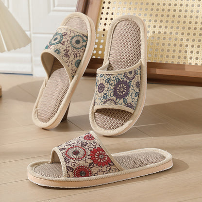 New Summer Open-Toe Home Slippers, Non-Slip, for Men and Women, Couples, Indoor, Blue and White Porcelain, Wooden Floor, Light Foam Sole, Cotton and Linen