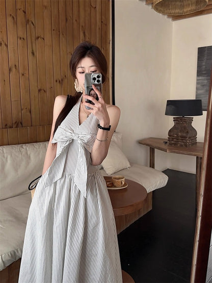 Gentle Style Stripesd Bow Halter V-Neck Dress for Women Summer Seaside Vacation A-Line Skirt French Style Long Skirt