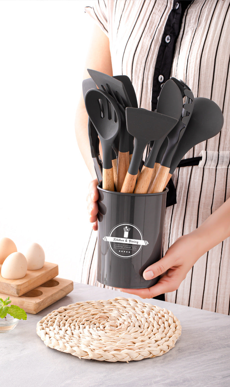 Wholesale Wooden Handle Silicone Kitchenware 12 Pieces suit Household Non-Stick Cooking High Temperature Resistant Cooking Silicone Spoon suit