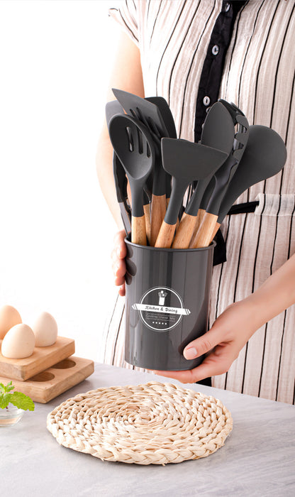 Wholesale Wooden Handle Silicone Kitchenware 12 Pieces suit Household Non-Stick Cooking High Temperature Resistant Cooking Silicone Spoon suit