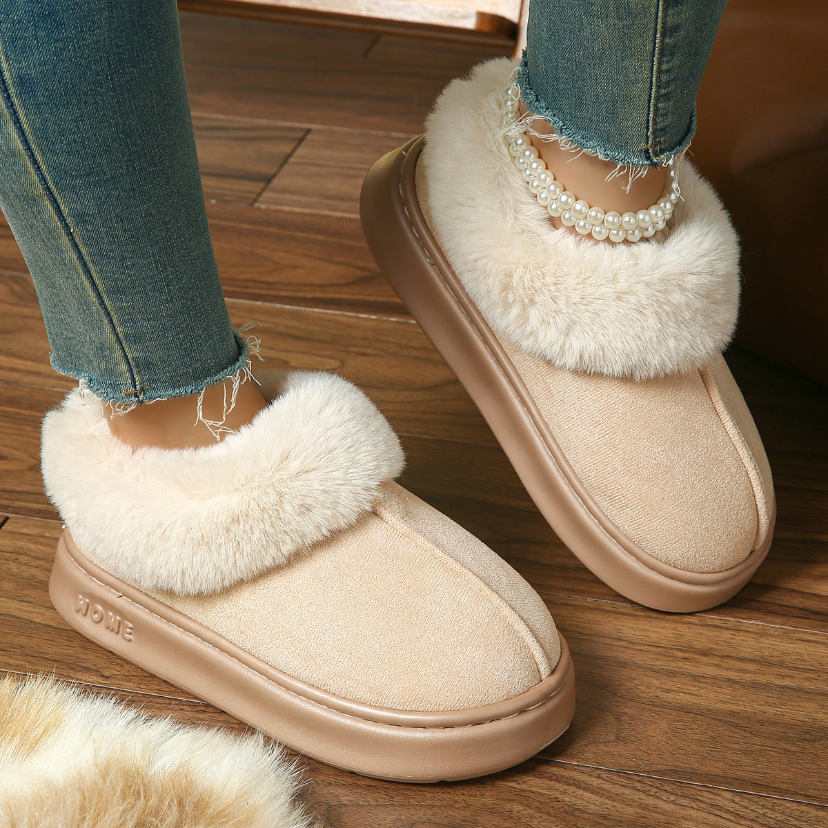 2025 Cross-Border New Pure Color Suede Splicing Home Slippers Thick-Soled Non-Slip Plush Warm Couple Cotton Shoes for Women